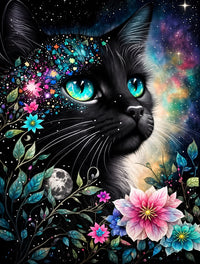 Black Cat with Flowers Diamond Painting
