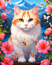 White Cat with Flowers Diamond Painting